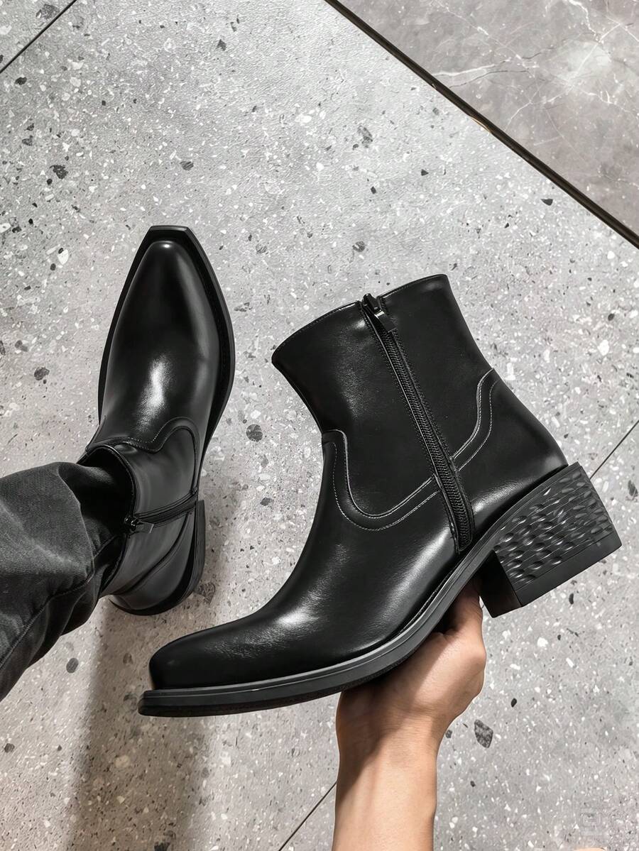 ZCZ Men's Embroidered Western-Style Ankle Boots, Pointed-Toe With Side Zipper And Chunky Square Heel - Black - View 1