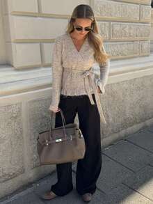Fashionable Women's Knitted Wrap Cardigan, Ruffle Hem, V-Neck Long Sleeve Tie Sweater, Suitable For Spring - Apricot - View 5