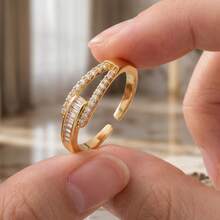 1pc Women's Fashion Personalized Double-Layer Cross-Wrap Open Ring, Inlaid With Rectangular Synthetic Cubic Zirconia Stone, Open-End Adjustable Structure, Fits Different Finger Sizes, Strong Adaptability. Suitable For Daily And Vacation Wear - Gold - View 1