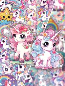 56Pcs Cute Kawaii Unicorn PET Stickers For Kids, Rainbow Unicorn Star & Flower Decals, Party Decor Decals For Scrapbooking, Water Bottle, Laptop & DIY Decor - Multicolor - View 1
