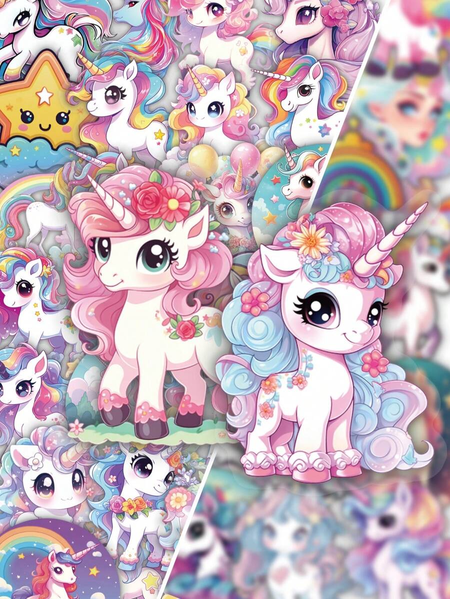 56Pcs Cute Kawaii Unicorn PET Stickers For Kids, Rainbow Unicorn Star & Flower Decals, Party Decor Decals For Scrapbooking, Water Bottle, Laptop & DIY Decor - Multicolor - View 1