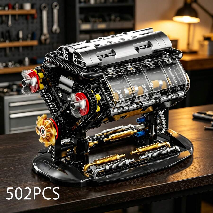 V8 Engine Mechanical Building Block Model With Transparent Cylinder - Desktop Collectible, Decor, Model Display, STEM Gift - Holiday Gift For Car And Engine Enthusiasts