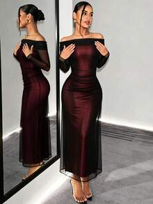 RNU Women's Autumn/Winter Evening Party Dress, Off-Shoulder Contrast Color Mesh Long Dress With Ruched 2 In 1 Design, Mesh Long Sleeve Slim Fit Dress, Atmospheric Party Gown - Black - View 9