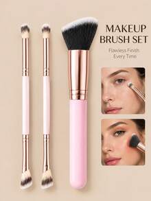 3-Piece Makeup Brush Set: Includes Dual-Ended Eyeshadow/Detail Brush And Angled Face Brush; Soft Synthetic Bristles, Suitable For Blending, Concealing, Contouring And Blushing; Pink And Rose Gold Color Scheme Makeup Tools. - Multicolor - View 1