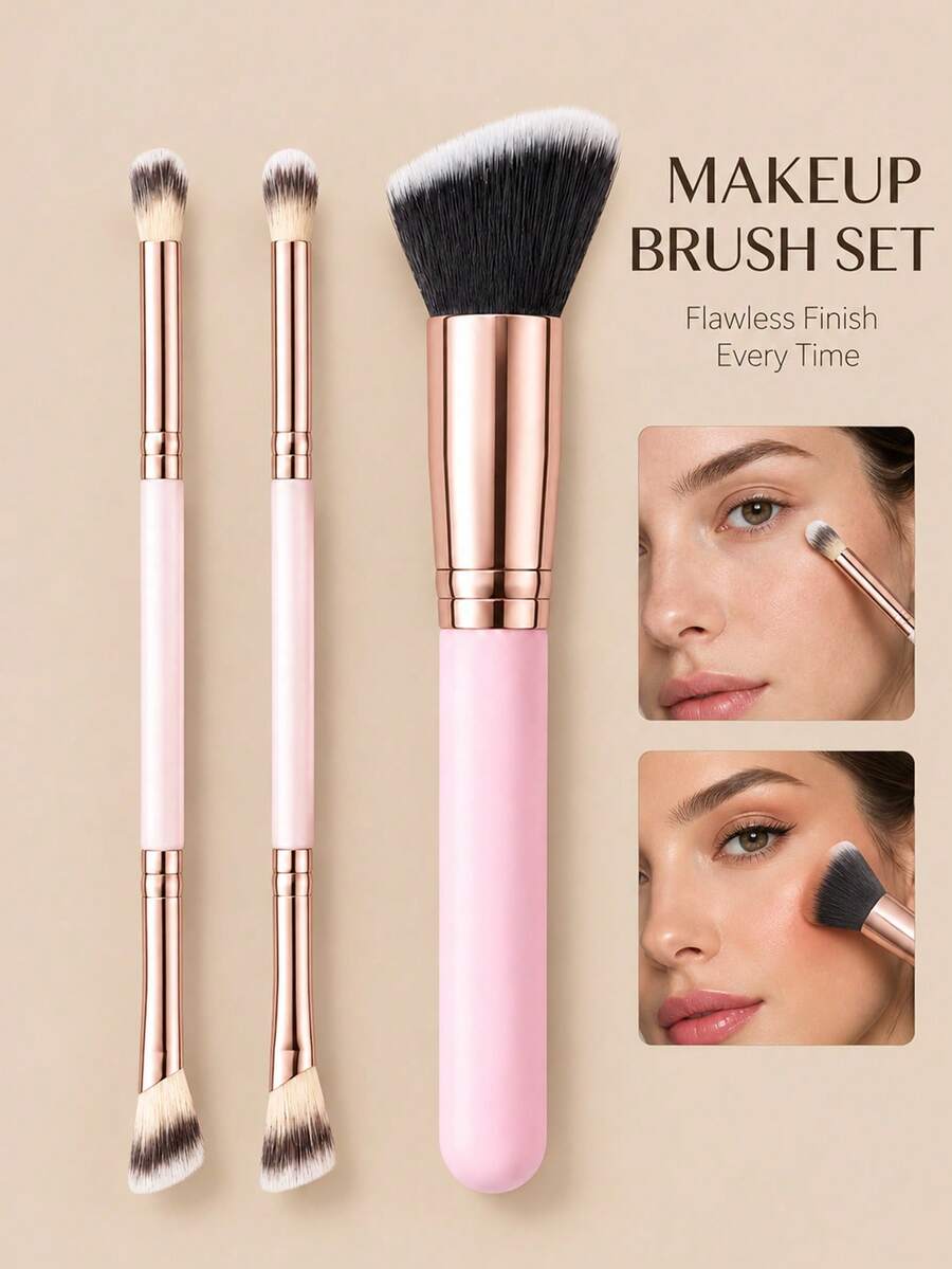 3-Piece Makeup Brush Set: Includes Dual-Ended Eyeshadow/Detail Brush And Angled Face Brush; Soft Synthetic Bristles, Suitable For Blending, Concealing, Contouring And Blushing; Pink And Rose Gold Color Scheme Makeup Tools. - Multicolor - View 1