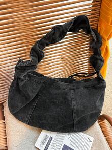 1pc Ruched Strap Washed Blue Denim Fabric Large Capacity Zipper Closure Casual Vintage Shoulder Crossbody Bag For Women Daily Commute - A - View 12