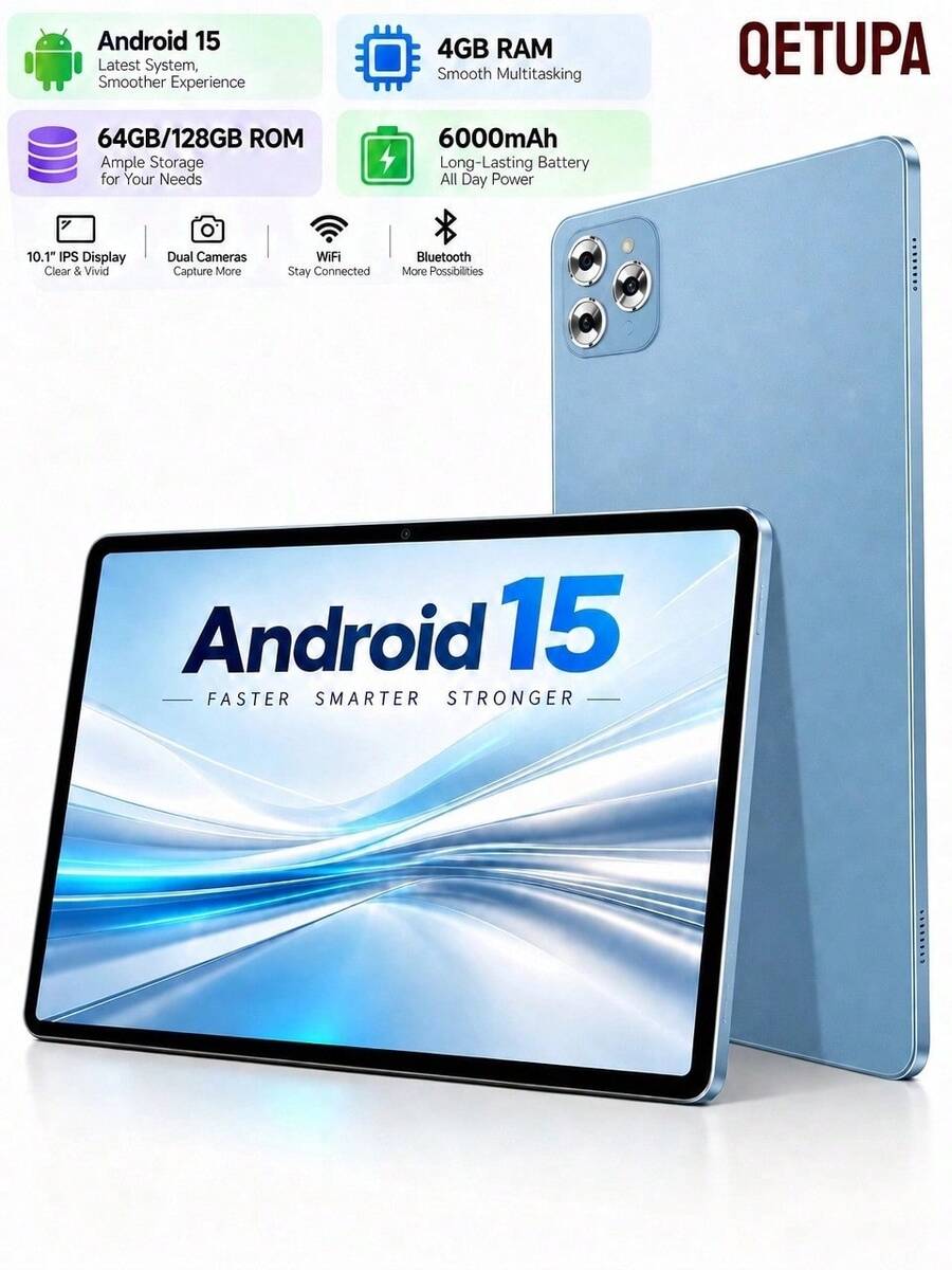 Qetupa 10.1 吋 Android 15 平板電腦,4GB RAM 64GB/128GB ROM 八核心 1.8GHz,HD 1280x800 IPS 觸控螢幕,WiFi5 BT5.2 GPS,5MP 前置 + 13MP 後置相機,6000mAh 電池,不含適配器 - 藍色 - 查看 1