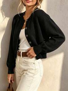 Women's Solid Color Round Neck Butterfly Buckle Ribbed Long Sleeve Autumn/Winter Minimalist Short Casual Versatile Knit Cardigan Retro Street Style - Black - View 2