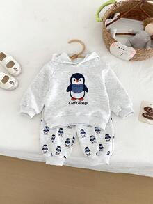 Miniweenns 2pcs/Set Baby, Toddler & Boys Cute Penguin Print Outdoor Casual Long Sleeve Hoodie Set, Hoodie + Penguin Print Pants, Suitable For Spring And Autumn - Apricot - View 6