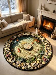 1pc, Realistic 3D Water Ripple Stone Lotus Pond Koi Fish Round Carpet, New Chinese Style Lotus Pond Moonlight Healing Home Decor Mat, Suitable For Game Room / Bedroom / Living Room / Kitchen, Perfect Gift For Partner, Friend, Family, Decorative Carpet, Bedroom Decor, Small Carpet, Carpet, Home Decor, Living Room Carpet, Living Room Small Carpet, Bedroom Carpet, Living Room Home Decor, Outdoor Carpet, Washable Carpet - Multicolor - View 5