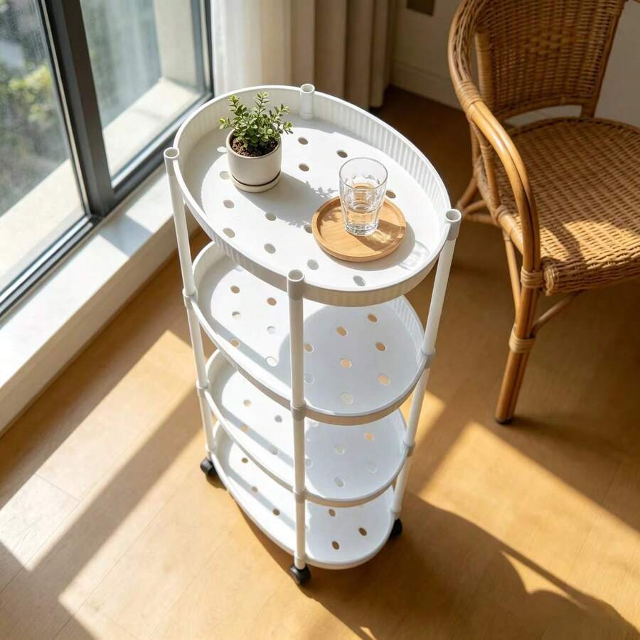 Troli Penyimpanan Oval 4 Tingkat dengan Roda, Rak Penyimpanan Berongga untuk Dapur, Kamar Mandi, dan Ruang Tamu - Putih - View 1