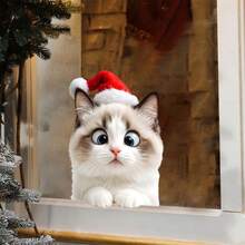 BRUP 1PC Cute Peeking Cat Christmas Static Window Stickers,Tabby Cat With Santa Hat Electrostatic Glass Clings,Xmas Holiday Decor For Home, Shop And Window - Multicolor - View 6