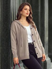 Women's Plus Size Cardigan Long Sleeve Hooded Sweater, Autumn/Winter Fashion Cardigan - Camel - View 4