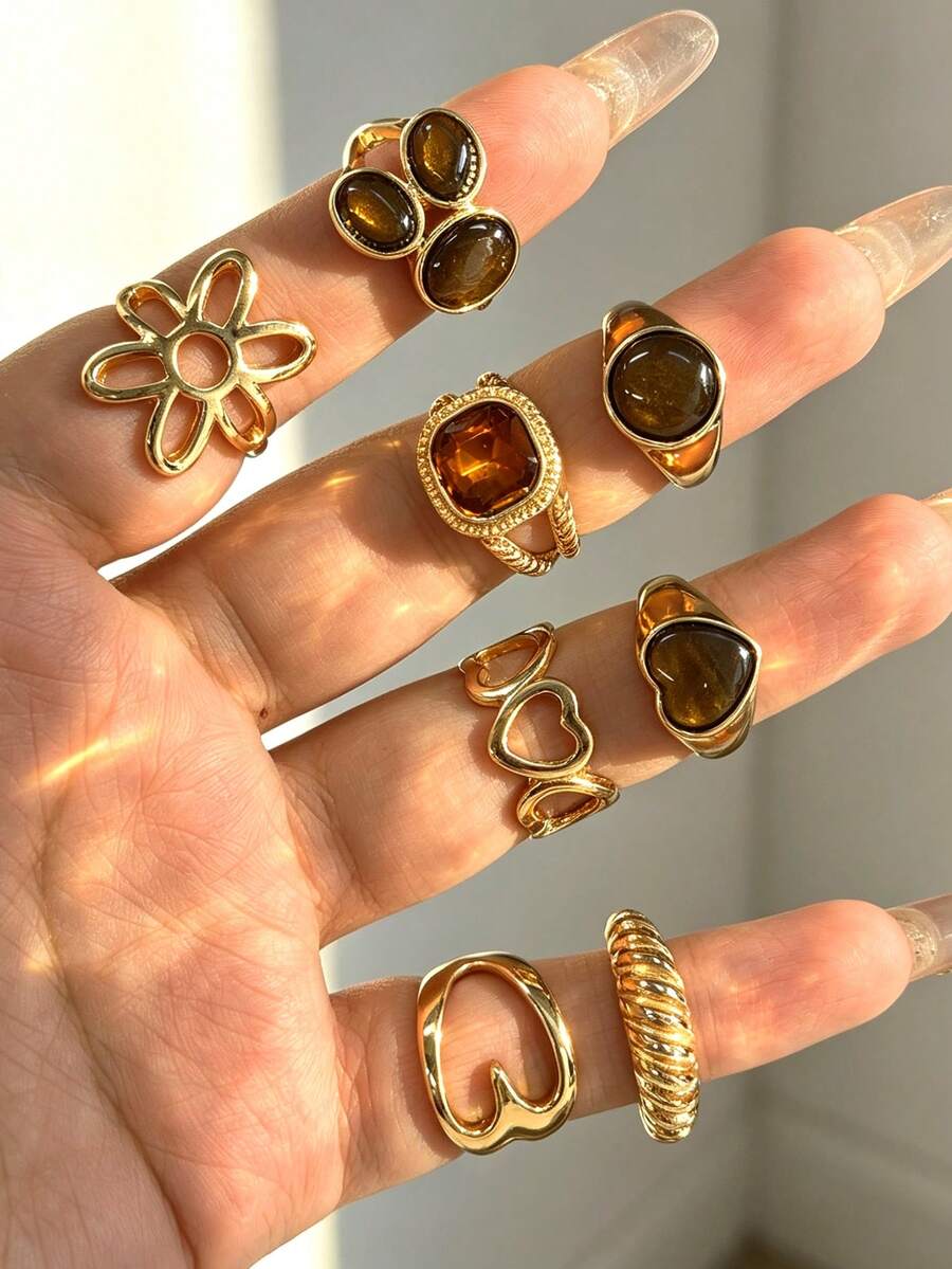 8pcs Multi-Layer Stackable Fashion Minimalist Elegant Exquisite Vintage Design Flower Heart Faux Tiger Eye Stone Rhinestone Shiny Hollow Geometric Line Textured Metal Style Chunky Rings Set For Holiday Vacation Party Date Gift Daily Commute Wear Personalized - Yellow Gold - View 1