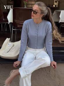 YIU Women's Dusty Blue Crew Neck Button-Down Knit Cardigan Cropped Slim Fit Top Spring Summer Fall For Daily Office Date Birthday Party Graduation - Baby Blue - View 3
