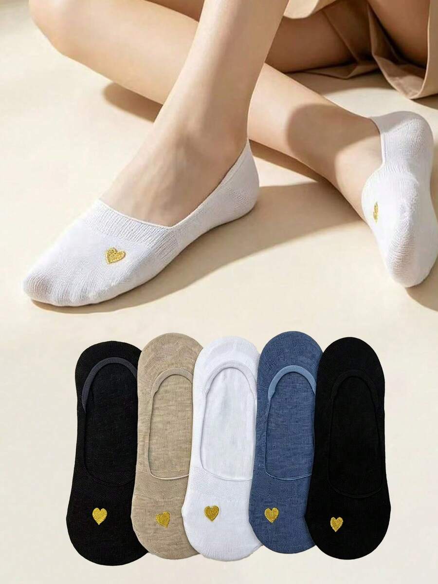 1/5雙女款愛心圖案短襪，低筒船襪，夏季矽膠防滑隱形襪，女款防滑襪。百搭風格，適合日常穿著與通勤。(紙板為拍攝道具) - 彩色 - 查看 1