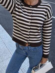 Fashion Plus Size Striped Cardigan For Women, Long Sleeve Knit Top, Autumn/Winter Essential, Comfortable & Warm - Brown - View 8