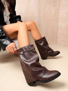 Light Luxury Soft Leather Ruched Stacked Boots With Metal Buckle Decor, Slouchy Ankle Boots, Slimming Wide Shaft Versatile Premium Women's Boots - Brown - View 2