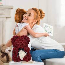 25.4 Cm Artificial Rose Bear Made Of PVC With Decorative Ribbon, Flower Teddy Bear For Home Decor, Living Room And Bedroom Ornament With Center Heart Design - Burgundy - View 8