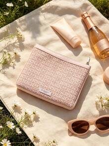 Givenchy Pink Woven Texture Zipper Storage Bag, Vintage Print Portable Women's Bag, Large Capacity Makeup Bag, Multi-Functional Document & Pen Pouch, Exquisite & Practical Gift For Girls - Baby Pink - View 2