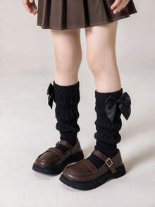 Autumn/Winter 1/4 Pairs Girls/Children Calf Socks, Retro Sweet Bow Pattern Decorated, Solid Color Minimalist Slouchy Style Mid-Calf Socks, Fashionable Breathable Comfortable Soft Slouch Socks, Suitable For 1-12 Years Old Daily Casual Wear/Back To School/Autumn Outings, Random Color And Style - Multicolor - View 5