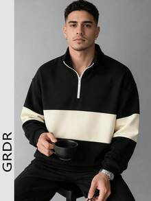 GRDR Men's Half-Zip Stand Collar Colorblock Sweatshirt, American Casual Contrast Stripe Loose Fit Long Sleeve Autumn/Winter Top - Black - View 6