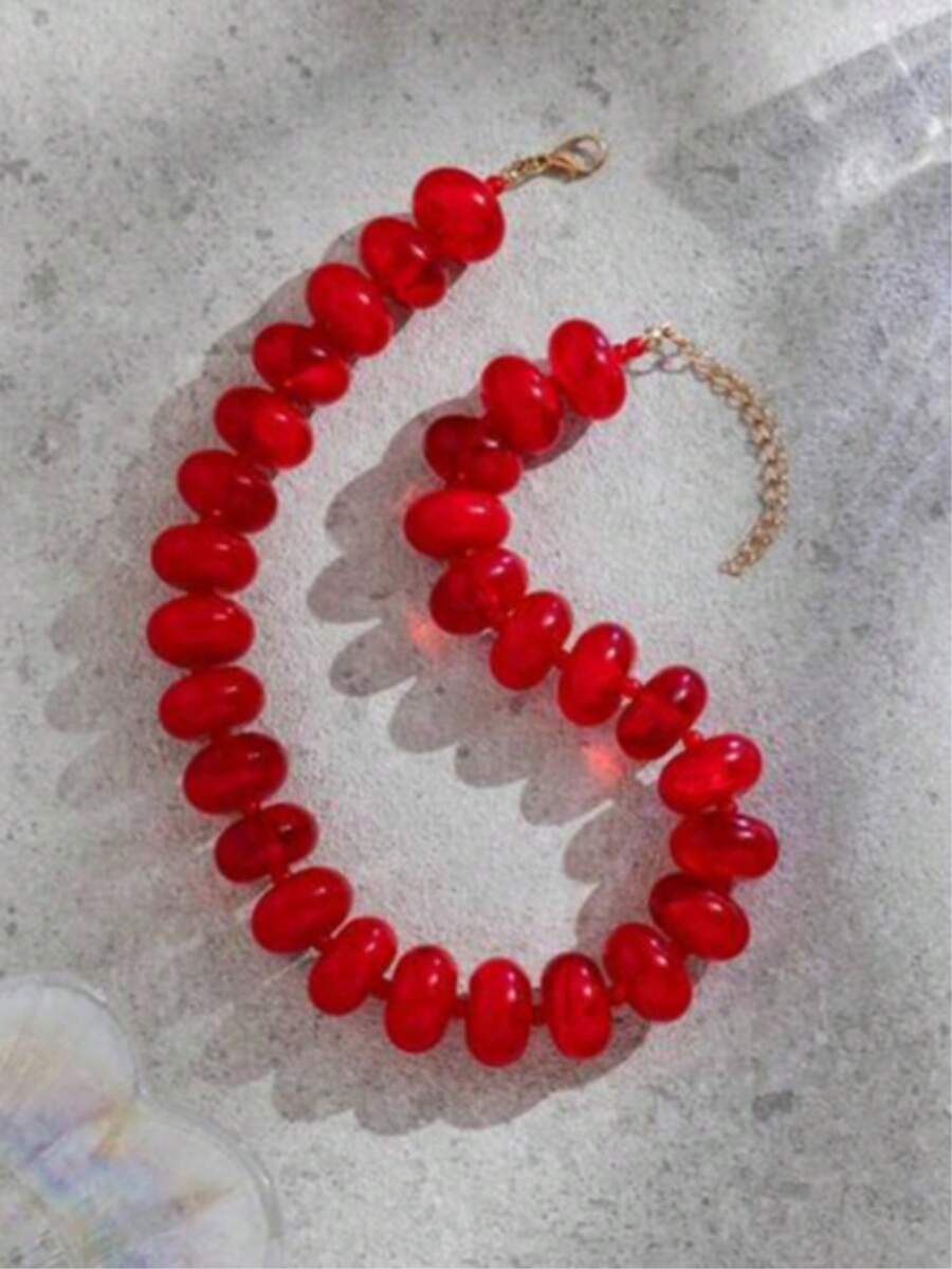 1件壓克力紅色漸層串珠項鍊,多巴胺飾品,時尚風格,適合日常配戴 - 紅色 - 查看 1