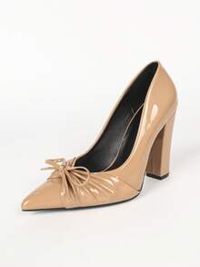 Women's Apricot Pointed Toe Chunky Heel High Heels With Ruched Bow Detail, Low-Cut Elegant Daily Versatile Commute Party Pumps - Apricot - View 2