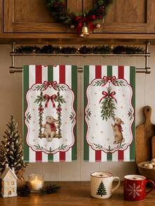 2PCS Kitchen Towels Christmas Rabbit Striped Print 40*60cm Country Farm Style Rectangular Microfiber Kitchen Towels, Dish Cloths, Tablecloths, Hand Towels, Bathroom Kitchen Decor, Christmas Home Decor, Neighbor Housewarming Gift, Perfect For Kitchen And Bathroom Use, Suitable For Housewives And Family Gatherings, High Value, Household Essential - Multicolor - View 1