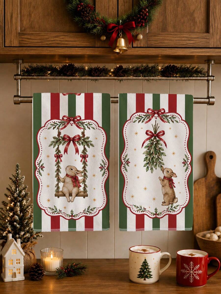 2PCS Kitchen Towels Christmas Rabbit Striped Print 40*60cm Country Farm Style Rectangular Microfiber Kitchen Towels, Dish Cloths, Tablecloths, Hand Towels, Bathroom Kitchen Decor, Christmas Home Decor, Neighbor Housewarming Gift, Perfect For Kitchen And Bathroom Use, Suitable For Housewives And Family Gatherings, High Value, Household Essential - Multicolor - View 1