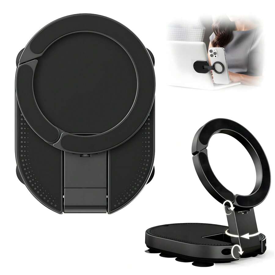 Magnetic Phone Holder, Suction Cup Phone Mount, 360° Rotatable, Foldable, Strong Magnet, Vacuum Suction, Dual Function, Compatible With Magsafe, Portable, Adjustable Angle, Hands-Free, Reusable, Washable, Anti-Slip, Universal Compatibility - Black - View 1