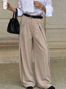 Women's Solid Color Pleated Casual Versatile Daily Wear Long Pants - Apricot - View 4