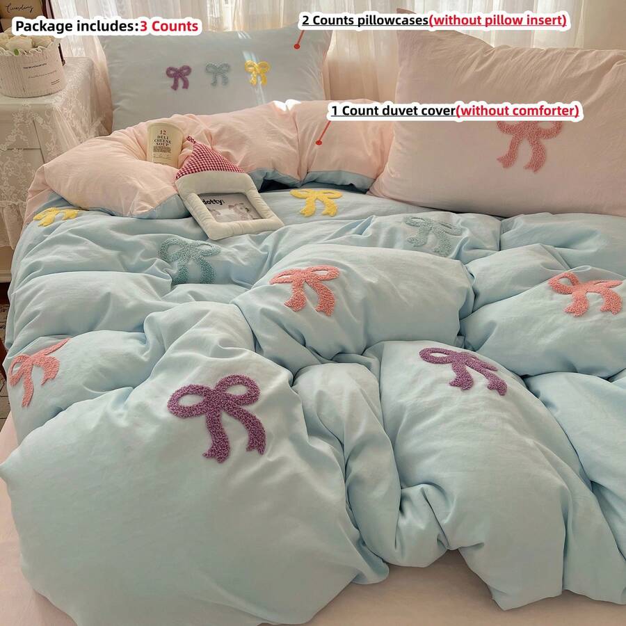 鏤空刺繡彩色蝴蝶結被套組,白色床上用品套裝 3 件組,包含 1 件被套和 2 個枕套,不含被芯與枕芯,超柔軟透氣時尚被套 - 藍色 - 查看 1