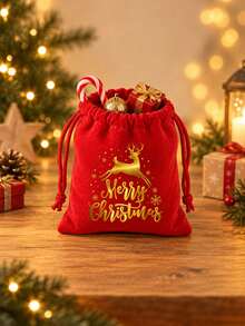 Christmas Drawstring Gift Bags, 3 Colors, Classic Gold Reindeer Christmas Print, Suitable For Party Favors, Candy And Small Gifts, Christmas Stocking Fillers, Not For Direct Food Contact - Christmas Drawstring Bag - View 6