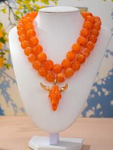OABE 2pcs/Set Western Cowboy Style Orange Sphere Beaded Handmade Necklace With Orange Bull Head Pendant, Suitable For Women's Daily Wear - Orange - View 7