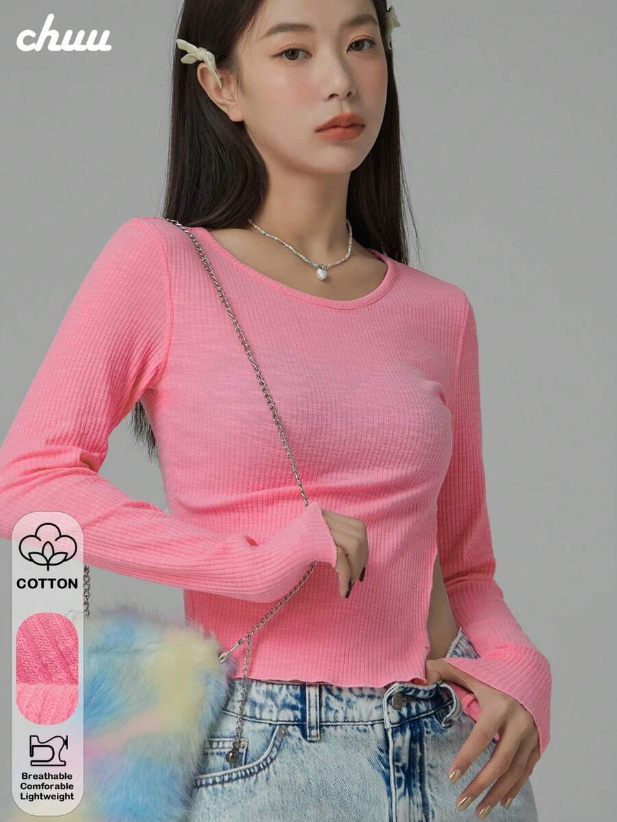 CHUU Little Fox Slit T-Shirt Spring Women's Sweet & Cool Fitted Long Sleeve Base Layer Crop Top - Pink - View 1