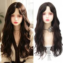 Women Elegant 26 Inch Long Curly Synthetic Hair Wig With Bangs In Blackish Brown, Natural Looking Wig For Daily Use, Halloween - Multicolor - View 1