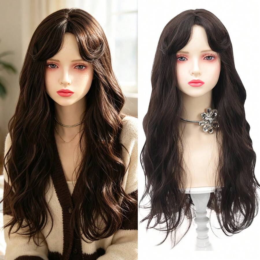 Women Elegant 26 Inch Long Curly Synthetic Hair Wig With Bangs In Blackish Brown, Natural Looking Wig For Daily Use, Halloween - Multicolor - View 1