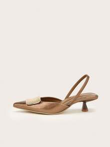 Sepatu Hak Tinggi Wanita Elegan dengan Gesper Emas dan Tali Warna Nude, Desain Hak Sedang dengan Ujung Lancip, Cocok untuk Pesta Liburan dan Dansa - Coklat - View 5