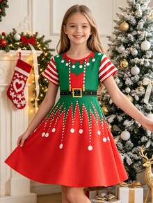 Girls' Elegant Casual Round Neck Cavalry Print Dress, Christmas, Party, Daily Wear - Multicolor - View 3