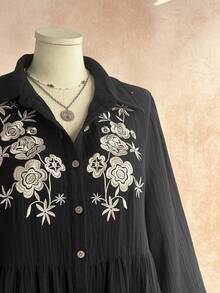 Rusttydustty Women's Plus Size Black Floral Embroidered Casual Daily Commute Dress - Black - View 8