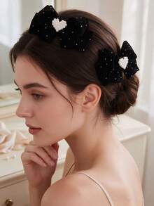2pcs Valentine's Day Velvet Hair Clips, Red Rhinestone Heart Bow Hair Clips, Girly Style Hair Accessories, Suitable For Valentine's Day Party, Exquisite Gift For All Seasons - Black - View 5