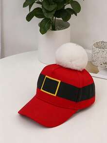 Christmas Santa Belt Embroidered Baseball Cap, Red Baseball Cap With Large Plush Pom Pom Decoration, Holiday Party Costume, Adjustable Head Circumference - Multicolor - View 8