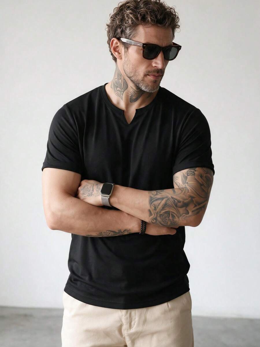 Men's Retro V-Neck Short Sleeve T-Shirt, Casual Vacation Design Top