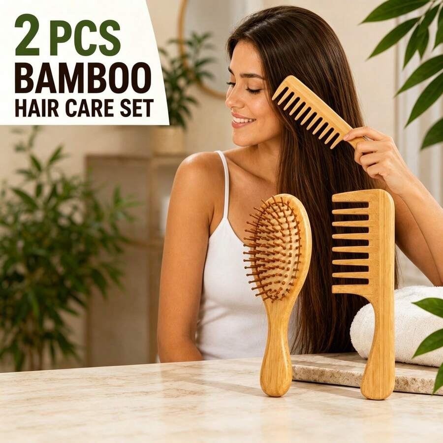 Set Sisir dan Sikat Rambut Bambu 2 Buah, Sikat Rambut Bantalan Pipih & Sisir Gigi Lebar untuk Mengurai Rambut, Perlengkapan Penataan Rambut Gagang Kayu untuk Semua Jenis Rambut Wanita, Penggunaan Sehari-hari - Aprikot - View 1