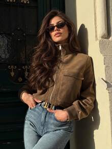 Women's Fashion Vintage Faux Suede Stand Collar Zip-Up Cardigan Field Jacket, 2026 Autumn Street Style Short Jacket With Pockets - Coffee Brown - View 6