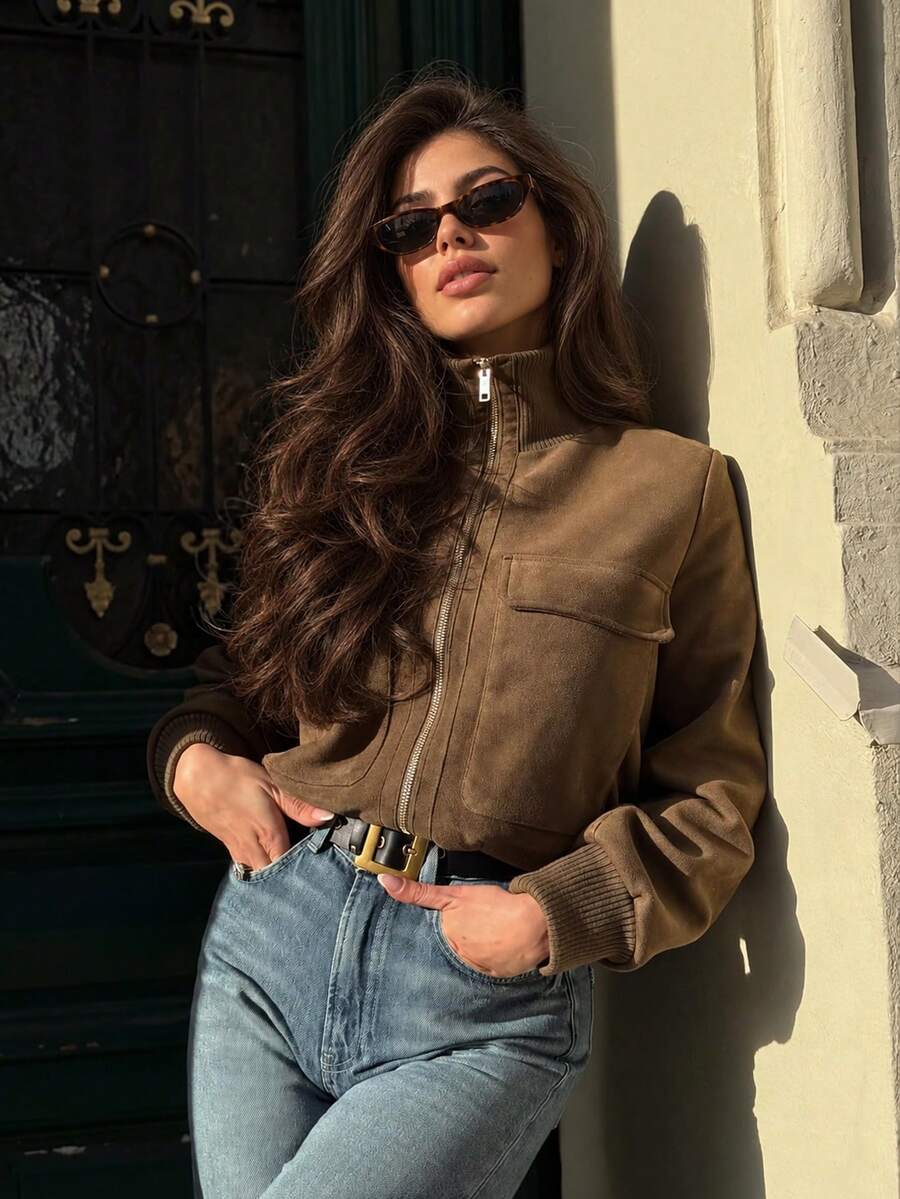 Women's Fashion Vintage Faux Suede Stand Collar Zip-Up Cardigan Field Jacket, 2026 Autumn Street Style Short Jacket With Pockets - Coffee Brown - View 1