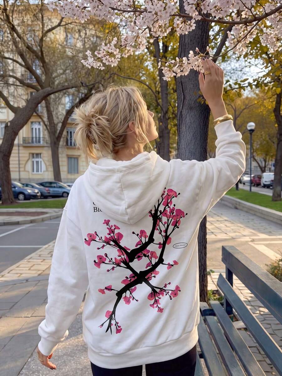 女款甜美白色寬鬆抓絨內裡連帽套頭衛衣,背後大櫻花樹圖案,秋季返校休閒百搭運動衫 - 白色 - 查看 1