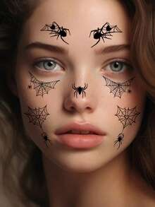 10 Lembar Stiker Tato Pola Laba-laba Tahan Air, Tato Palsu Jaring Laba-laba untuk Riasan Wajah dan Alis, Cocok untuk Pesta Halloween, Tato Sementara untuk Pria dan Wanita, Stiker Tubuh Cosplay, Stiker Tubuh Palsu untuk Festival - Hitam - View 2