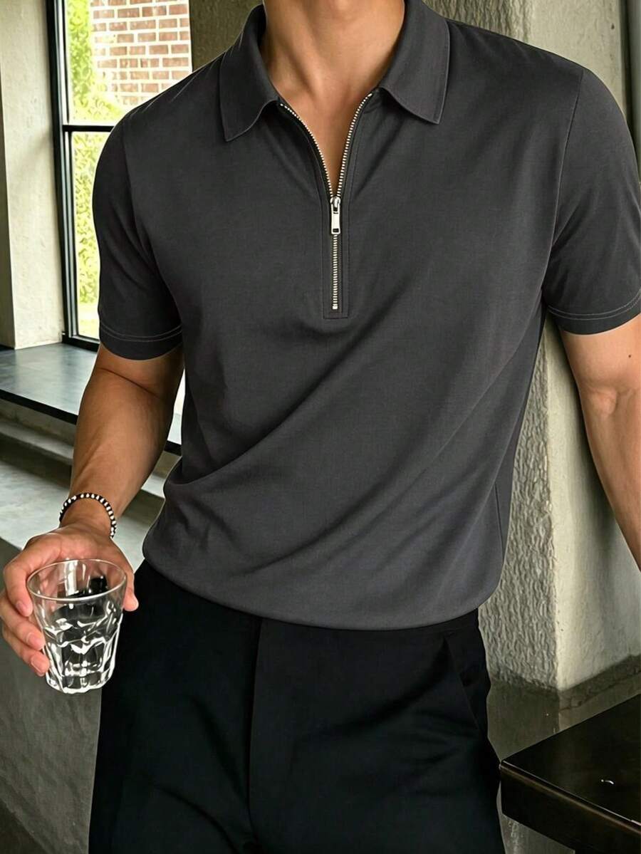 Men's Summer Casual Versatile Zipper Slim Fit Regular Shoulder Long Sleeve Polo Shirt - Dark Grey - View 1